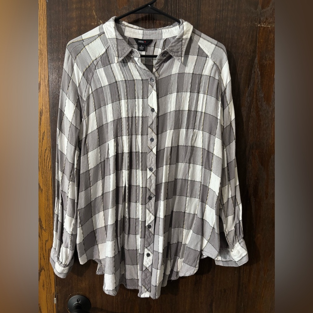 Intro. Gray and White Checkered Shirt with Gold Threading detail